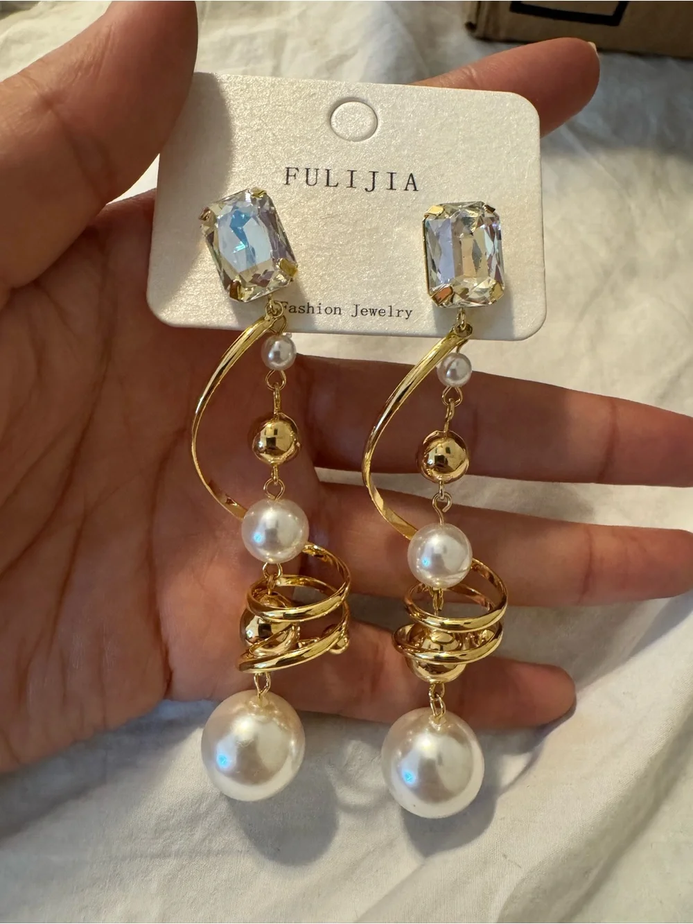 Gold Pearl Drop Earrings with Crystal Studs